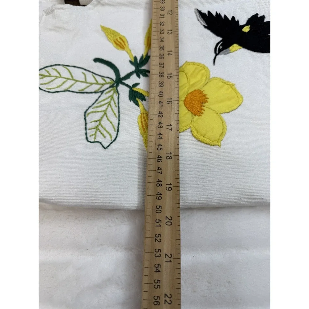 Embroidered Canvas Tote‎ Bag Womens White Yellow Flower Bird Wood Handle Purse